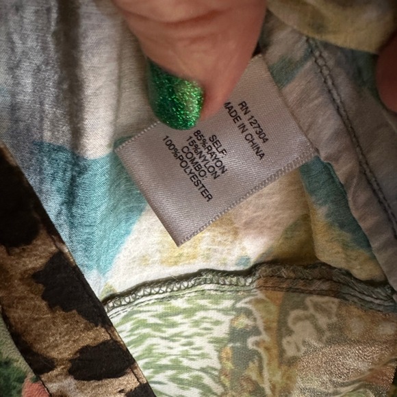 JOHN MARK Patchwork Geometric Floral Print Long Sleeve Shirt Dress Size L Birds - Picture 14 of 16